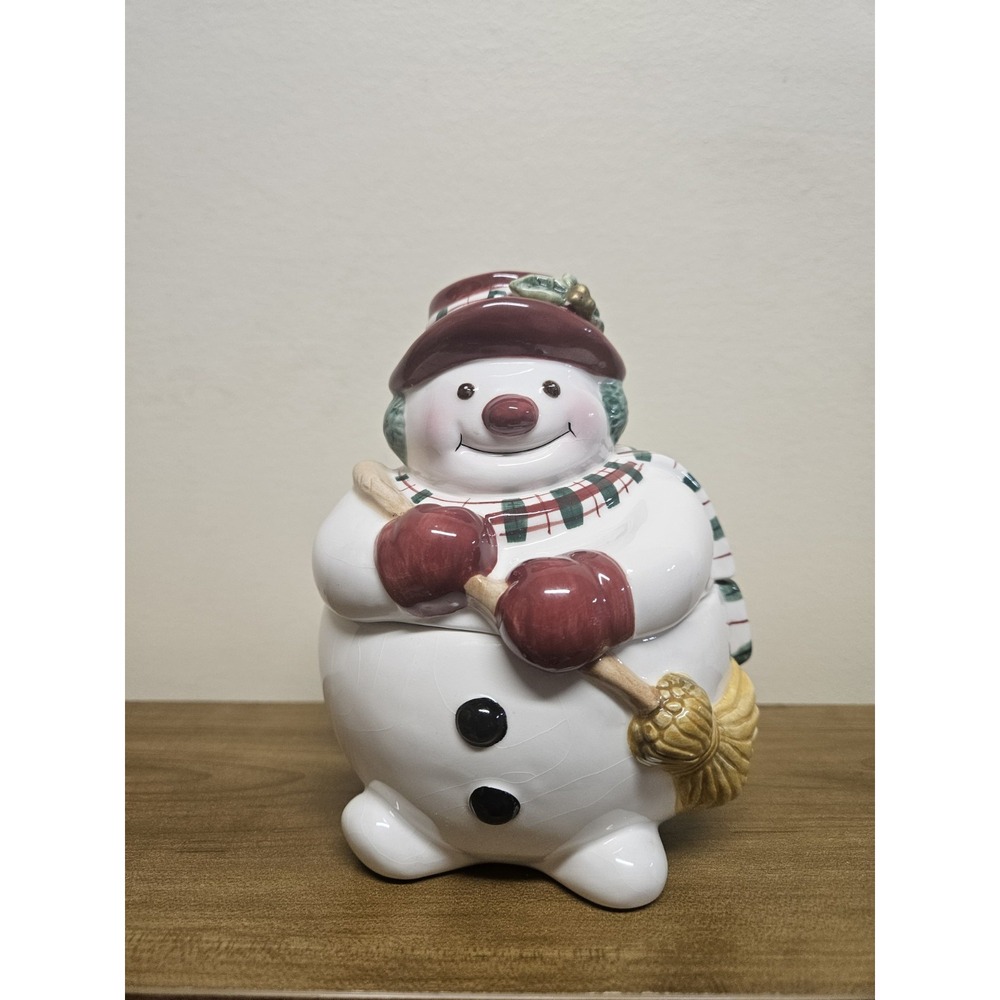 Fitz & Floyd Essentials Plaid Christmas Snowman Candy Cookie Jar with Lid